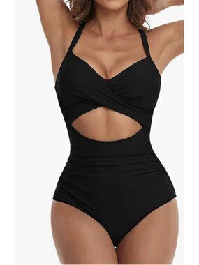 Eomenie Size Medium Black One Piece Tummy Control Cutout High Waisted Swimsuit.